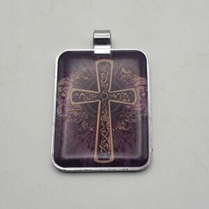 Eph 2:8 Christian Cross Scripture Pendant Purple Acrylic Silver Tone Rectangle